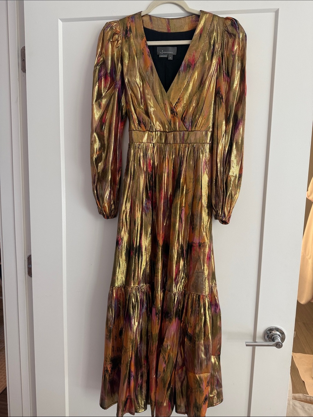Anthropologie Shimmering Gold Metallic Long Sleeve V-Neck Dress